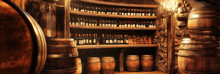 Poster - Explore the rustic wine cellar featuring wooden barrels and shelves brimming with diverse wine bottles from various regions. Generative AI