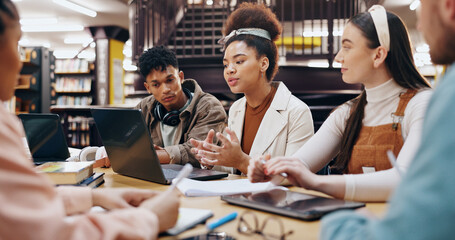 Canvas Print - People, students and laptop in library for discussion, planning and working on research assignment. Study group, exam preparation or tech at university for education, collaboration or course feedback