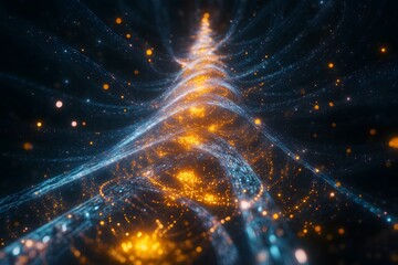 Poster - Abstract glowing digital spiral with light trails and particles.