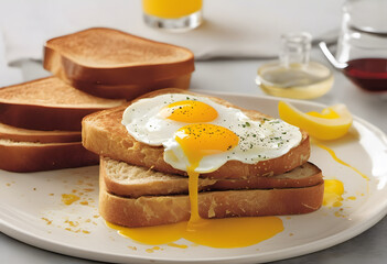 A delicious breakfast plate featuring two sunny-side-up eggs on top of toasted bread slices. The yolks are bright yellow and slightly runny, with a sprinkle of black pepper.