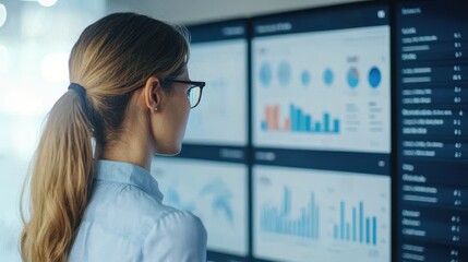 Poster - A focused individual analyzes data displayed on multiple screens in a modern workspace, emphasizing a tech-savvy environment.