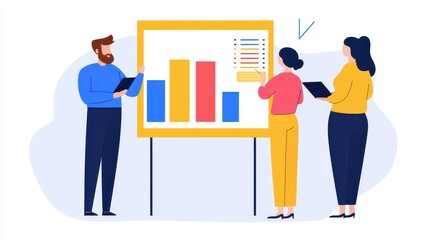 Poster - A group of diverse professionals analyzing data on a presentation board, showcasing bar graphs and collaborative discussion.