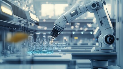 Poster - A robotic arm is seen working efficiently in a well-lit lab, skillfully handling glass flasks filled with liquids