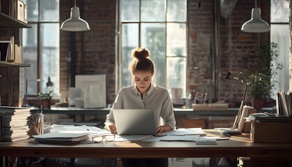 Poster - Woman Working on Laptop and Documents in a Modern Office