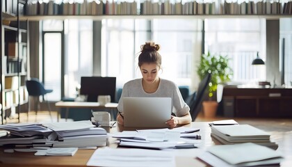 Poster - Young Woman Working on Laptop at Desk Surrounded by Papers
