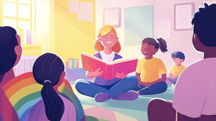 Poster - A person reading a story to a group of children, fostering inclusivity and acceptance.  