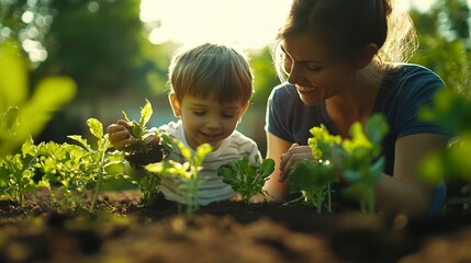 Canvas Print - A parent and child nurturing plants together, symbolizing growth, family bonding, and the joy of gardening.  