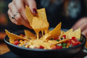 Woman dipping crispy nacho into delicious cheese sauce at black table, closeup. Space for text - generative ai