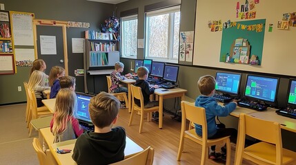 Poster - Elementary students learning coding, digital literacy in nurturing setting.  