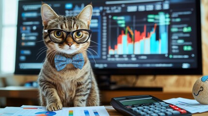 Aufkleber - A cat wearing glasses and a bowtie stands at a desk with financial charts and a calculator, appearing to analyze market trends. A computer screen displays colorful graphs and data behind it.