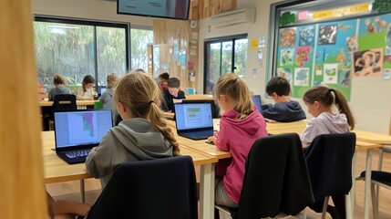 Poster - Elementary students learning coding, digital literacy in nurturing setting.  