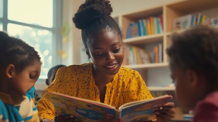 Poster - Woman reading a colorful picture book to attentive children in a bright classroom setting 