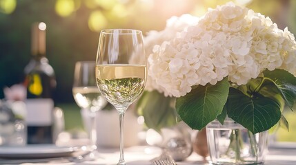 Poster - Wedding or formal dinner holiday celebration tablescape with hydrangea flowers in the English countryside garden, table setting and wine, floral table decor for family dinner party, home styling  