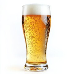 A pilsner glass filled with light beer, detailed foam and bubbles, isolated on white background