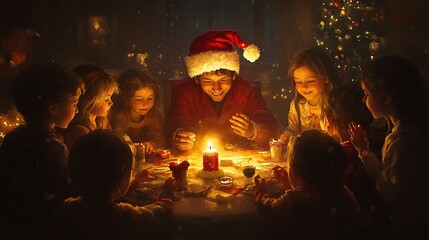 Poster - a group of children sitting around a table with a man in a santa hat on top of his head and a woman holding a lit candle in front of them.  