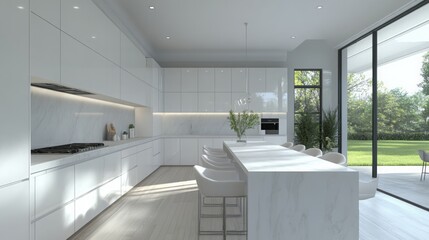 Poster - A spacious modern kitchen features sleek white cabinetry and a large island with seating. Sunlight streams through expansive windows, highlighting the lush garden visible outside.