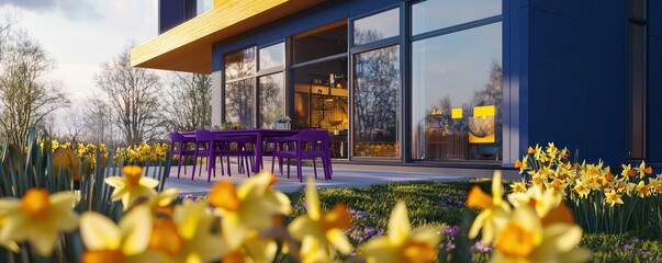 Modern house with a cobalt blue exterior, large windows, surrounded by golden yellow daffodils, with a violet dining set