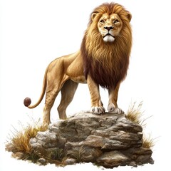 a majestic lion standing on a rock, detailed fur texture, photorealistic style, isolated on white ba