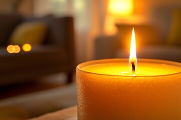 A candle is lit in a room with a couch and a chair