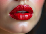 A close-up of a woman's attractive lips with red lipstick.