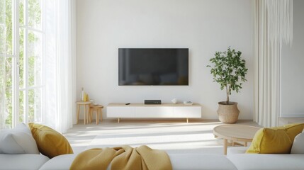 Poster - The bright living room features a sleek television mounted on a white wall, accompanied by a potted plant and light-colored furniture