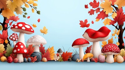 Wall Mural - Whimsical Forest with Vibrant Mushrooms Under Fall Trees