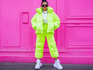 Oversized neon puffer jacket with high-top sneakers and bold accessories, [fashion trends], [urban streetwear with bold colors].