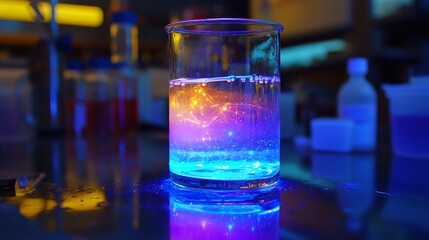 Poster - A laboratory jar filled with a glowing liquid exhibits a stunning array of colors, illuminating the surrounding workspace in vibrant hues during nighttime hours.