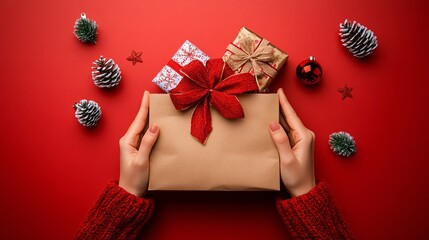 Poster - Isolated on Red color background with side space for letters person holding a paper gift bag filled with wrapped presents and decorative tissue paper representing the excitement of Christmas shopping