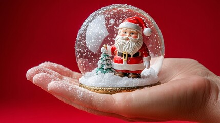 Poster - Isolated on Red color background with side space for letters hand holding a holiday-themed snow globe featuring a tiny Santa Claus inside Stock Photo with copy space