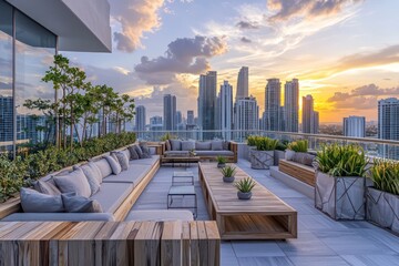 Wall Mural - Modern outdoor lounge on a Miami rooftop with wooden seating and decorative plants, cityscape at sunset