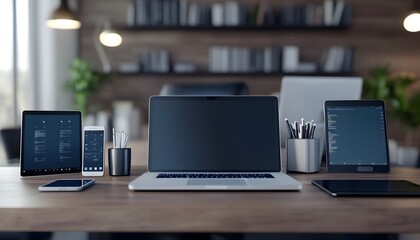 Poster - Laptop, Smartphone, and Tablet on a Wooden Desk in a Modern Office