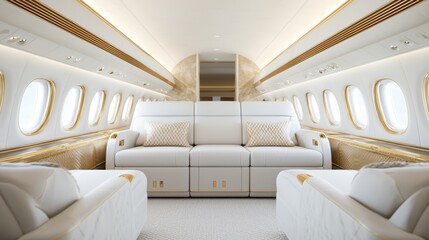 Private jet with gold-trimmed interiors and plush white leather seats, [luxury design], [exclusive travel].  ,closes up