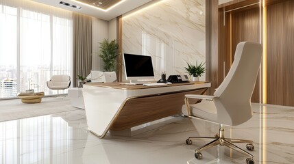 Modern luxury office space with sleek gold accents, [refined gold], [wealth and success in professional spaces].