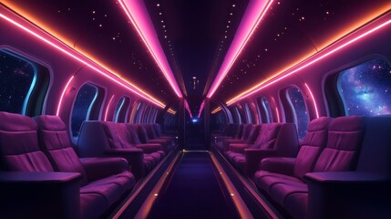 Fototapete - The interior of a spacecraft is lit by pink and orange neon lights. The seats are purple and face towards the front of the ship