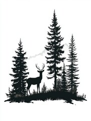 Wall Mural - Black Deer Silhouette Woods