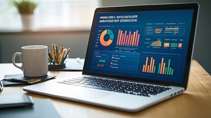 Photorealistic with side space for letters colorful digital dashboard showing monthly budgeting on a laptop screen next to a coffee cup and office essentials Stock Photo with copy space