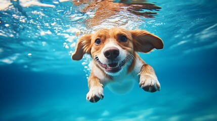 Energetic Puppy Joyfully Swimming Underwater in Pool