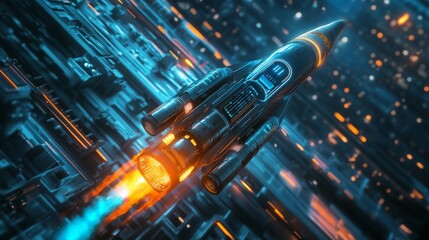 Fototapete - a sleek rocket ascends into the dark sky above a neon-lit city, showcasing glowing patterns and intr