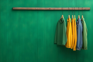 colorful hoodies hanging on a wooden rack against a vibrant green wall in a modern room