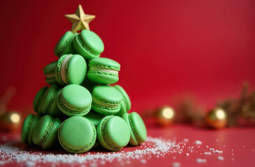 Christmas tree made of many green macaroons on a red background with garlands and bokeh, copy space