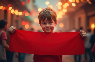 Wall Mural - view on a boy hands gripping a large red banner over a festive background