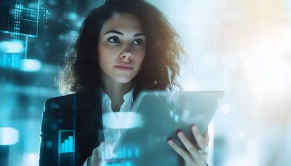 Poster - Woman with Curly Hair Looking at Tablet with Digital Data Overlays