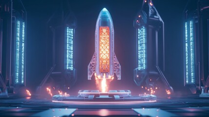 Poster - A sleek rocket stands ready for liftoff in a high-tech chamber, bathed in neon lights and surrounded by advanced machinery, evoking an exciting atmosphere of innovation.