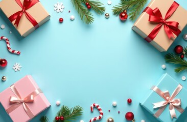 Boxing Day Sale, Christmas Shopping, Offer, Sale Concept, Holiday decorations and festive gift boxes on pastel blue background.