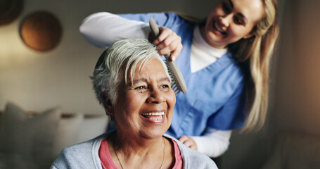 Sticker - Brush, help and nurse with patient for hair in retirement home at healthcare consultation. Happy, medical checkup and caregiver assisting elderly woman with hairstyle in morning at nursing facility.