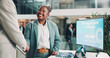 © peopleimages.com - Business, computer and black woman with handshake by screen for innovation, conference and agreement. Corporate, merger and people with smile by tech for b2b, integration and success in acquisition
