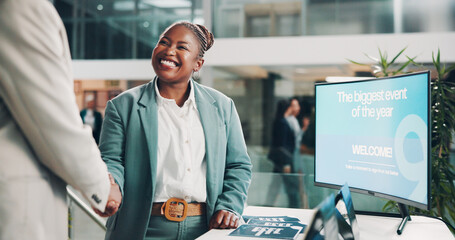 Poster - Business, computer and black woman with handshake by screen for innovation, conference and agreement. Corporate, merger and people with smile by tech for b2b, integration and success in acquisition