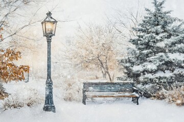 Wall Mural - Park Bench in Snow Next to Lamp Post