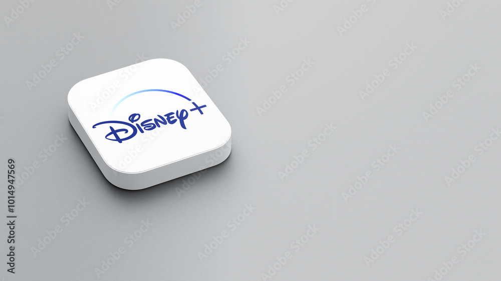 An icon of the Disney+ logo on a gray background, a white square with ...
